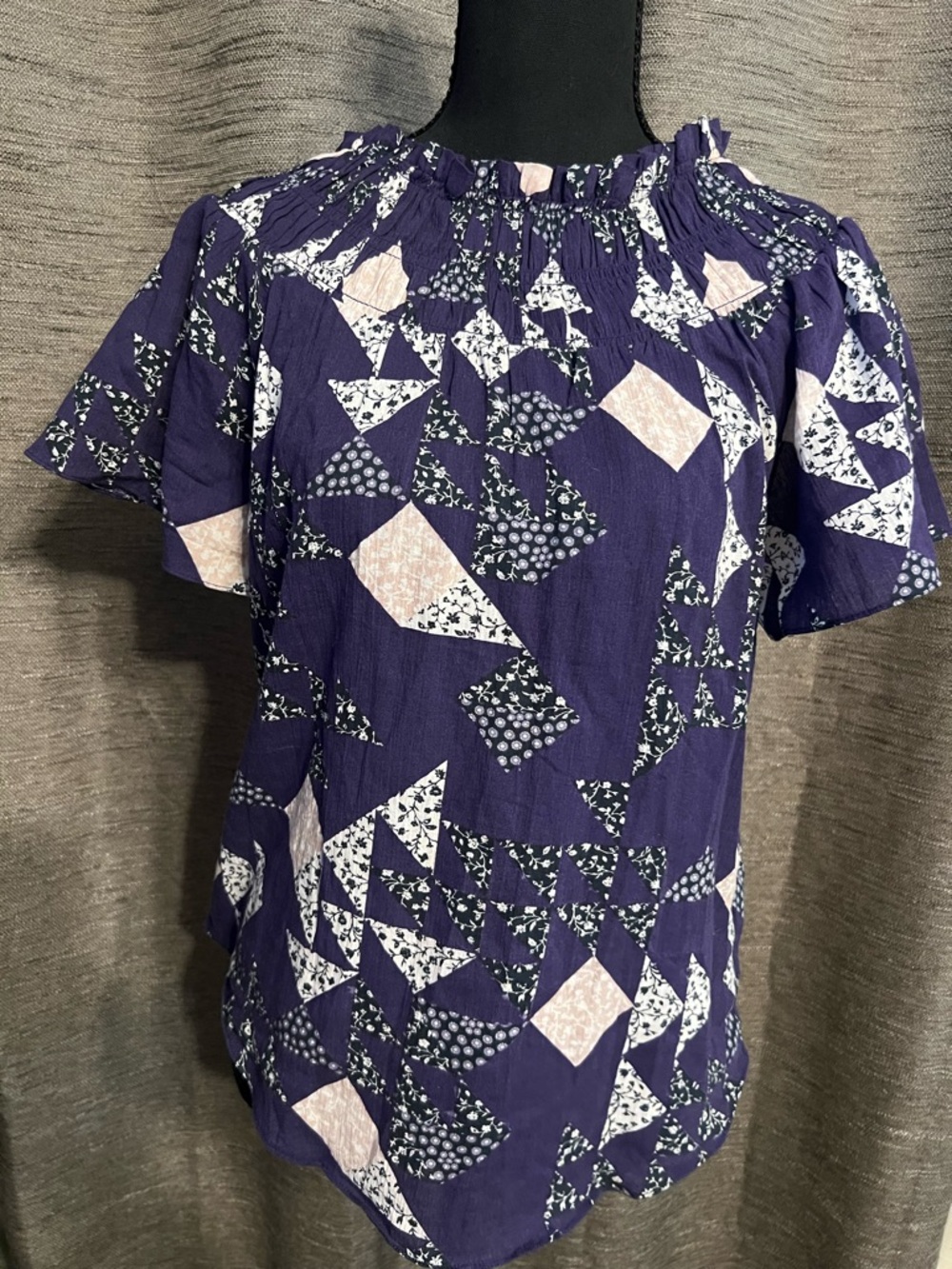 Madewell Navy Purple Printed Short-Sleeve Blouse